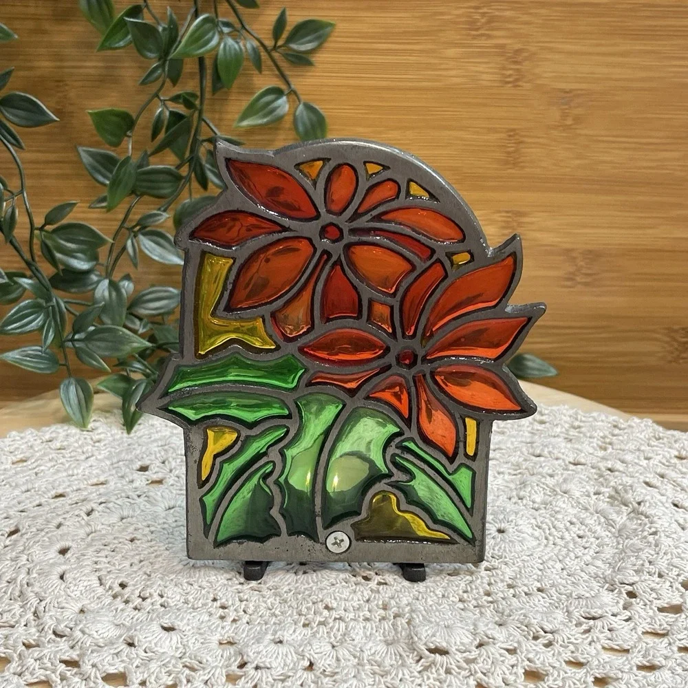 Vtg Stained Glass Cast Iron Tea Light Candle Holder Poinsettia Christmas Taiwan